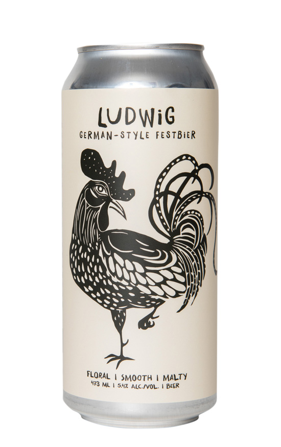 Strange Fellows Ludwig German Style Festbier Can is shown on a white background. The can label shows a rooster doing the chicken dance!