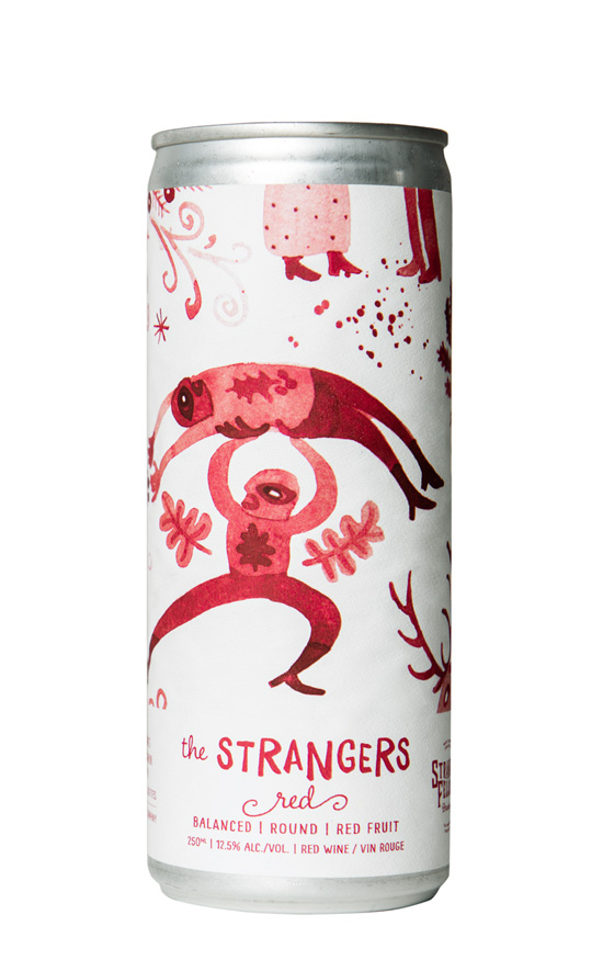 A single can of the Strangers Red Wine by Strange Fellows Brewing is on a white background. The label has an image of two wrestlers with one fellow raised above in a presuplex move